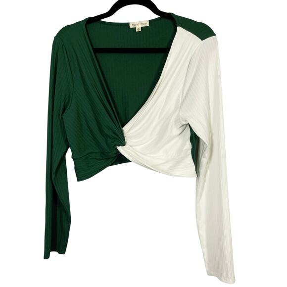 Moa Moa, Size XL, Forest Green & White Twist Front Ribbed Crop Top, Pullover, - Picture 1 of 5